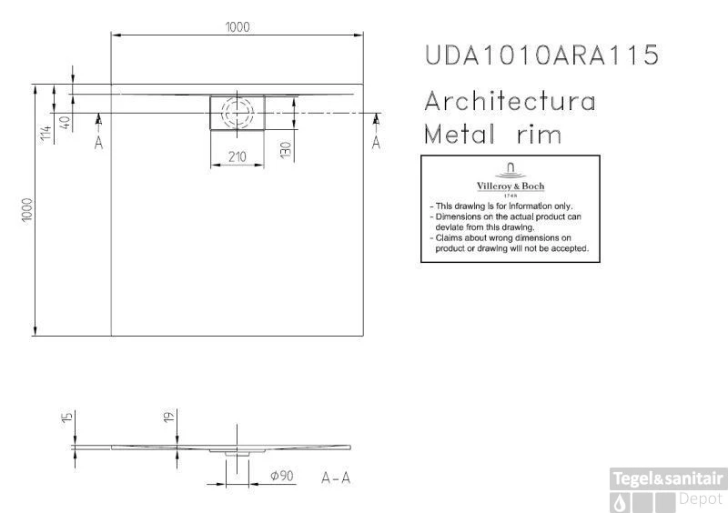 Villeroy & Boch Architectura Douchebak 100 X 100 X 4.8 Cm. Metalrim Creme 4 Villeroy & Boch Architectura Douchebak 100 X 100 X 4.8 Cm. Metalrim Creme - Afbeelding 2