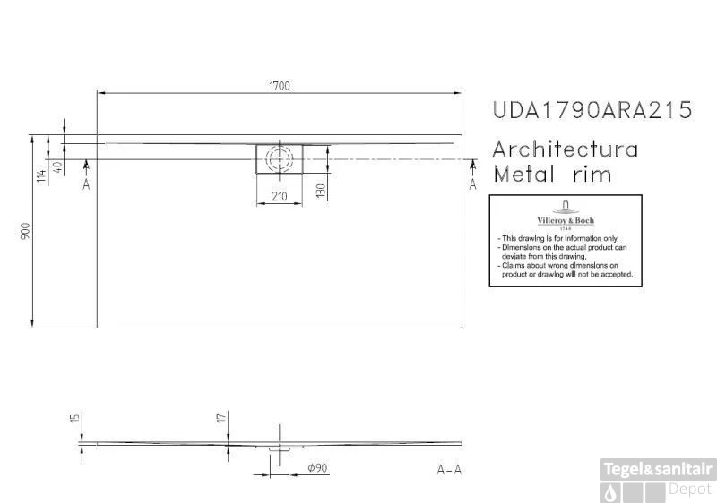 Villeroy & Boch Architectura Metal Rim Douchebak 170x90x1.5 Cm. Wit 4 Villeroy & Boch Architectura Metal Rim Douchebak 170x90x1.5 Cm. Wit - Afbeelding 2