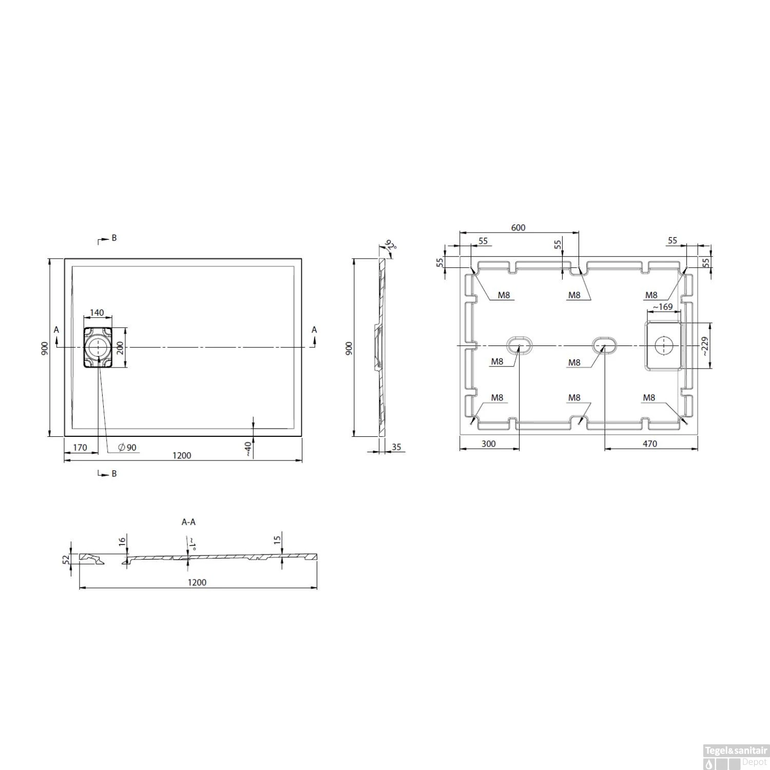 Douchebak Gegoten Marmer Sapho Acora 120x90x3.5 Cm Rechthoek Steen Wit - Afbeelding 5