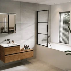 Badwand Met Klapdeur Riho Grid 80x150 Cm 6 Mm Helderglas Zwarte Profielen Links