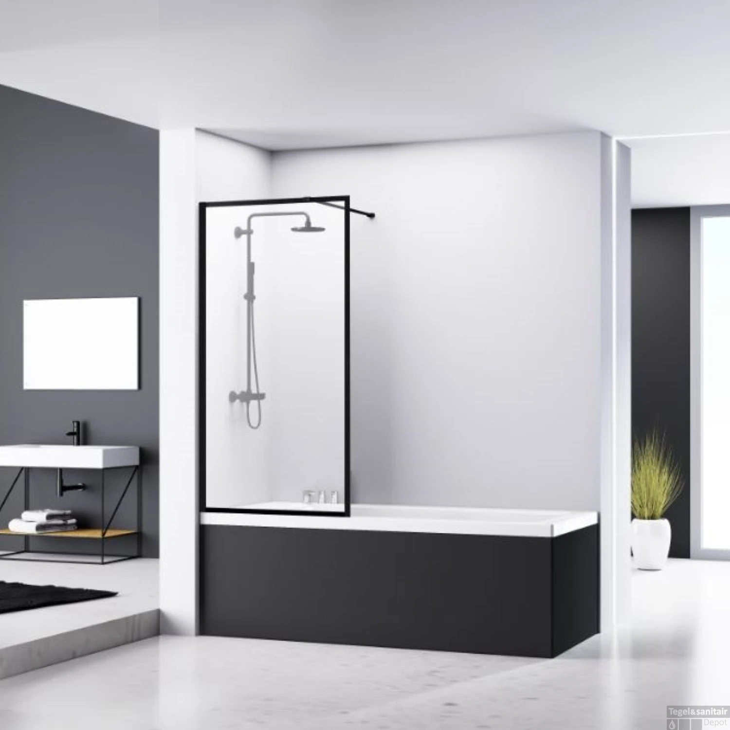 Badwand Van Rijn ST04 Helder Glas 8 Mm Aluminium Zwart Profiel 80x160 Cm