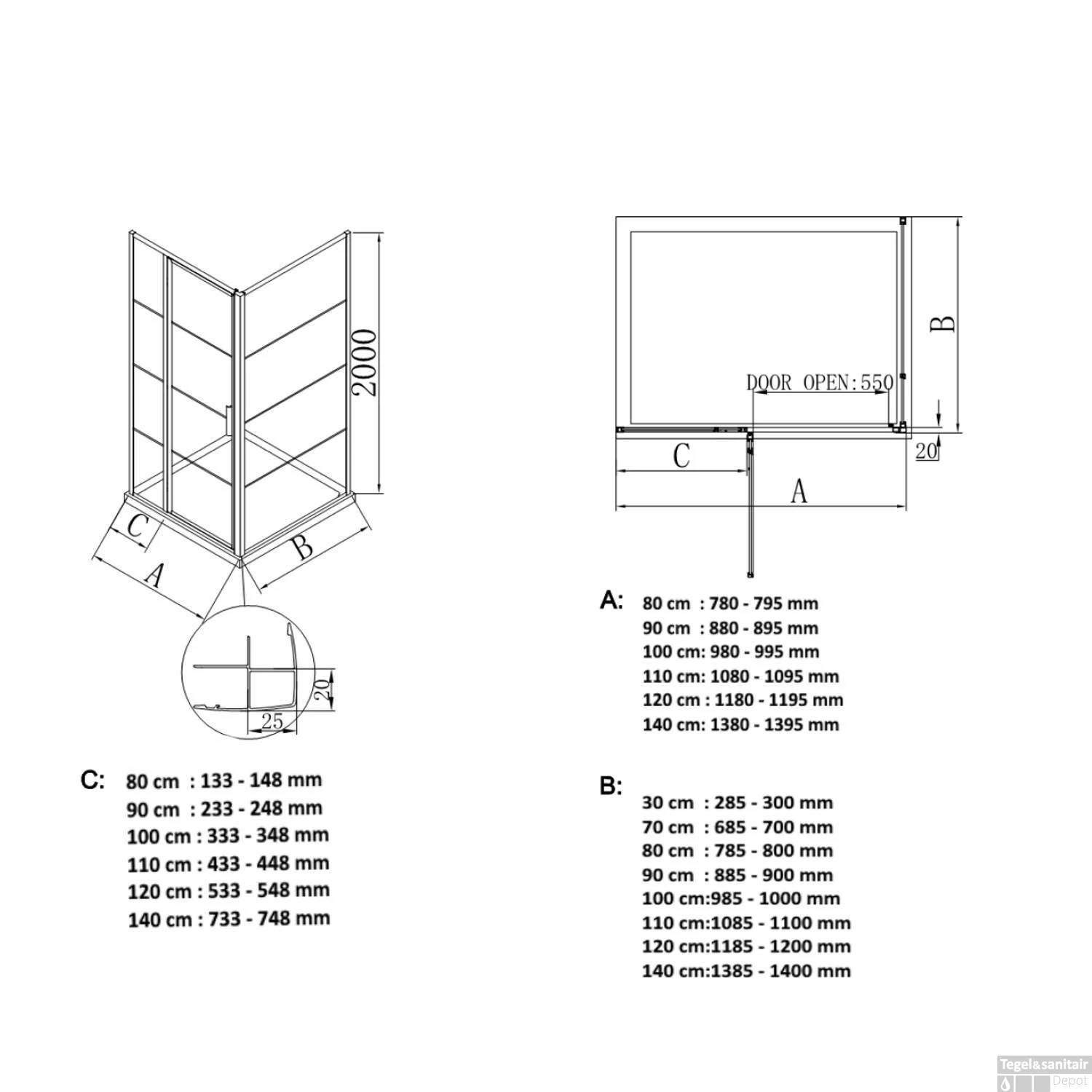 BWS Douchecabine Frame 120x70 Cm 8 Mm NANO Glas Mat Zwart Raster 7 BWS Douchecabine Frame 120x70 Cm 8 Mm NANO Glas Mat Zwart Raster - Afbeelding 5