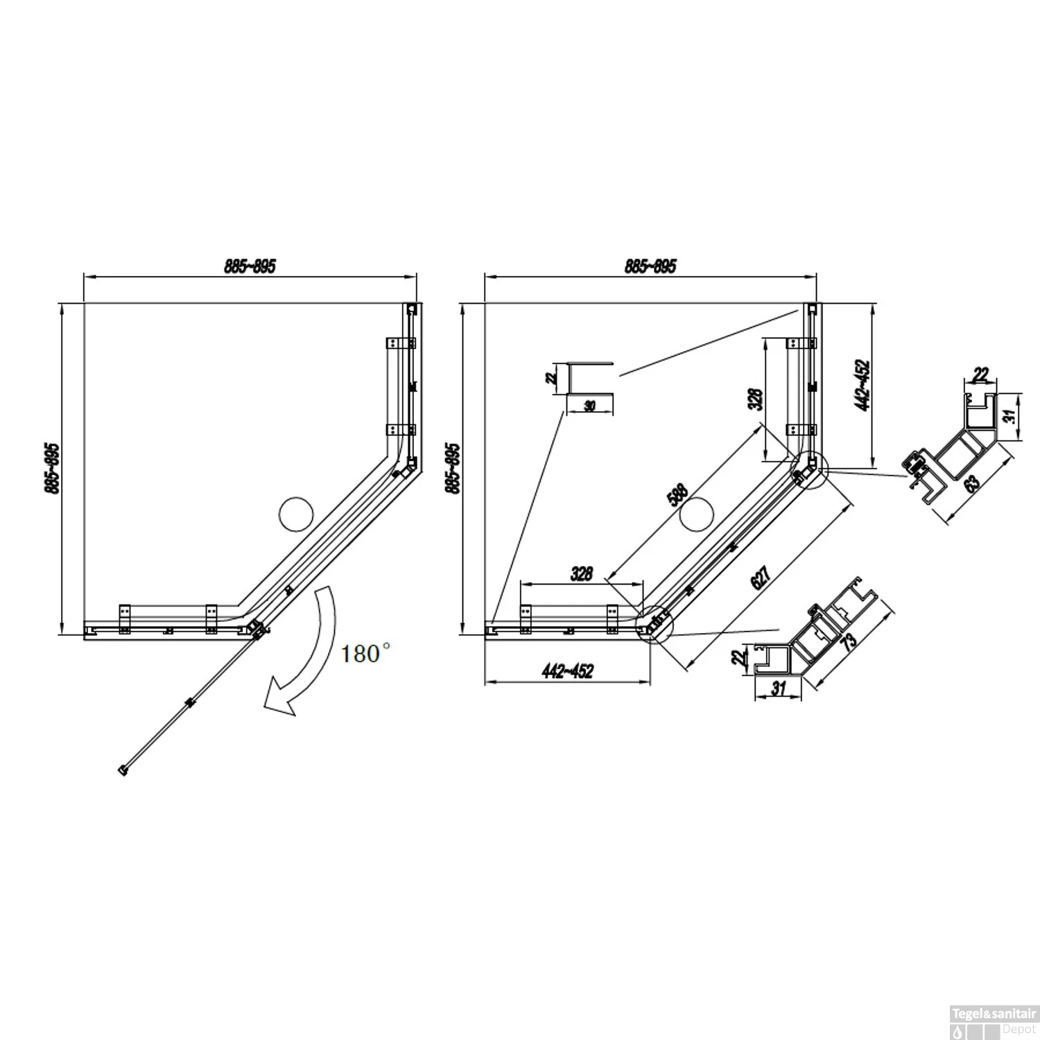BWS Douchecabine Vijfhoek Frame 90x200 Cm 8 Mm NANO Glas Mat Zwart Raster - Afbeelding 2