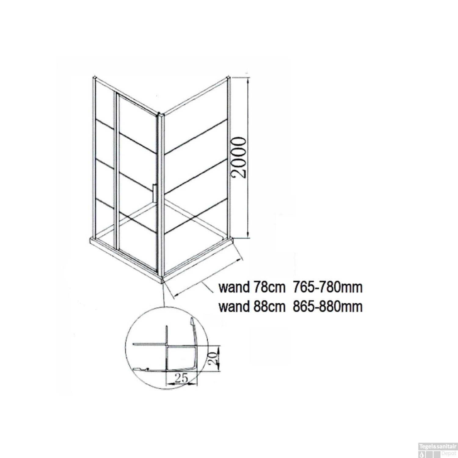 BWS Inloopdouche Frame 78x200 Cm 8mm NANO Glas Mat Zwart - Afbeelding 3