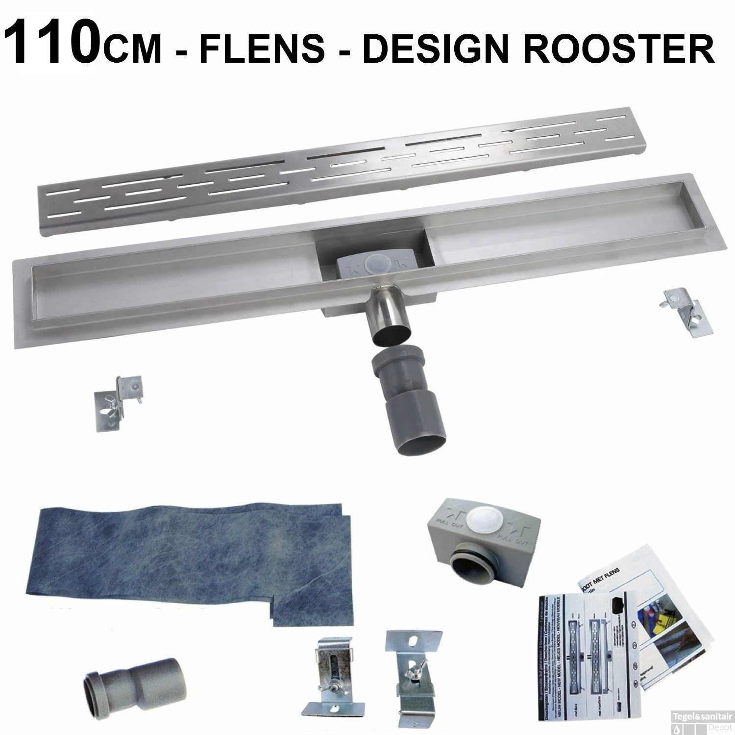 BWS RVS Douchegoot Met Flens Inclusief Sifon En Haarfilter Standaard Rooster 110 Cm