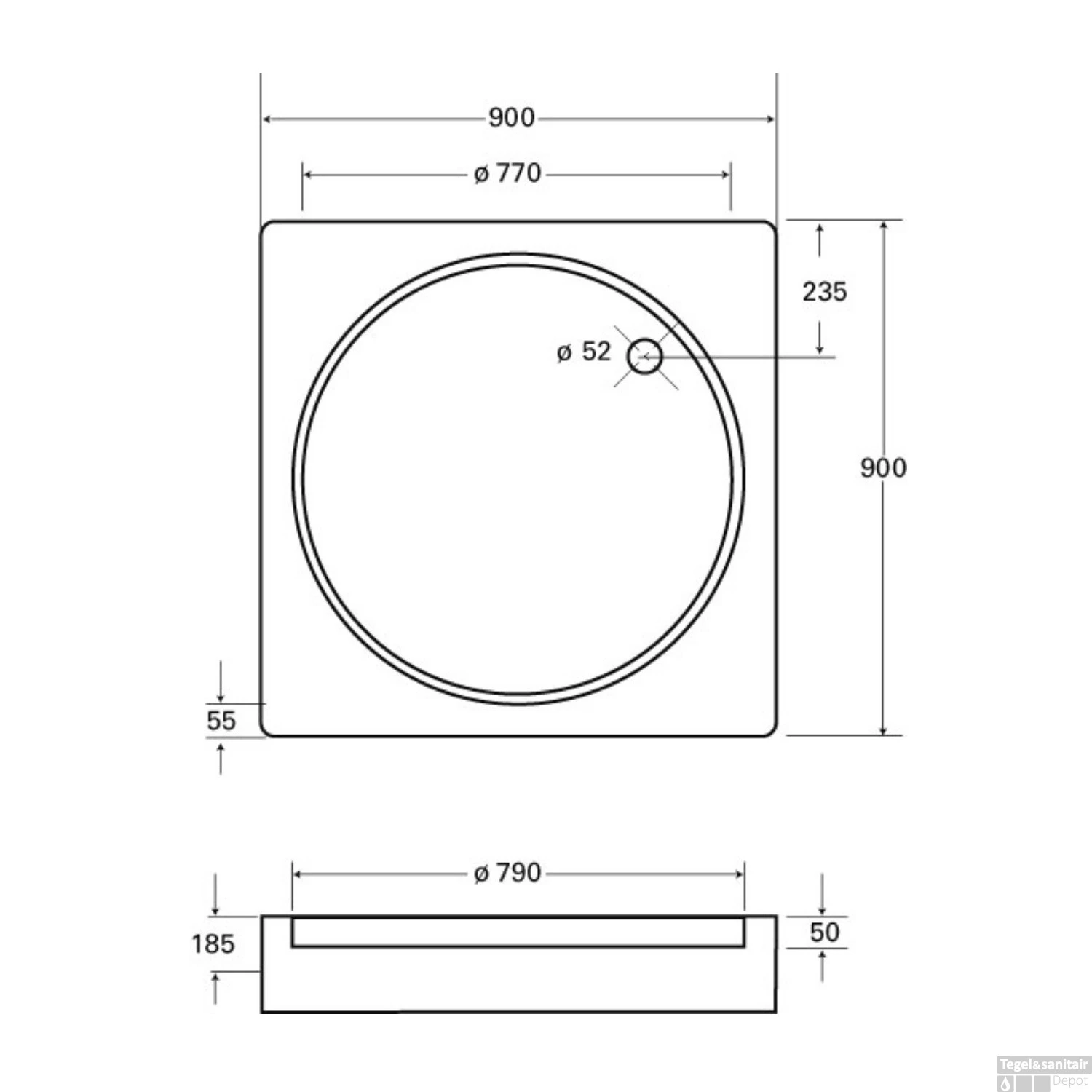 Douchebak Plieger Luxury Kunststof Acryl Vierkant Met Ronde Inzet 90x90x18.5cm Wit - Afbeelding 2