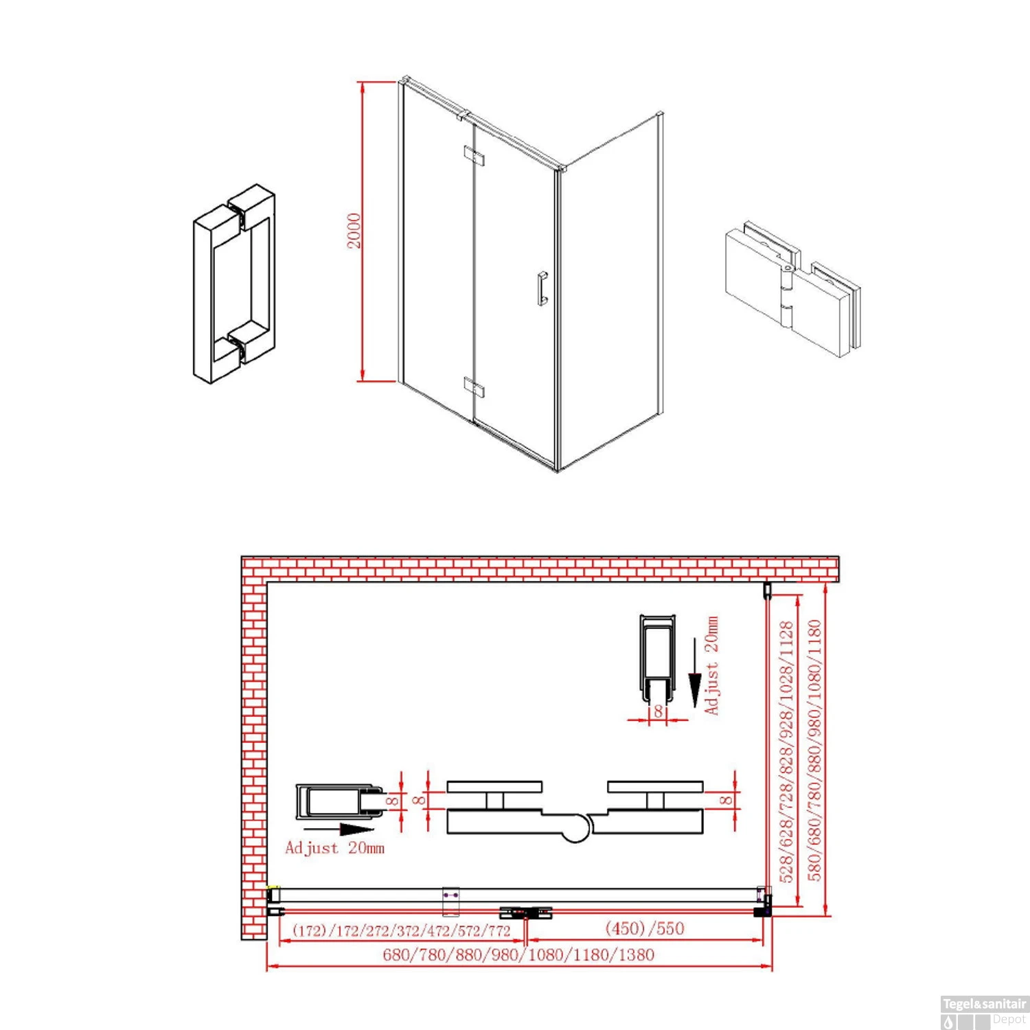 Douchecabine Boss & Wessing PC NIZ 120x90 Cm 8mm Veiligheidsglas NANO Coating Mat Zwart - Afbeelding 2