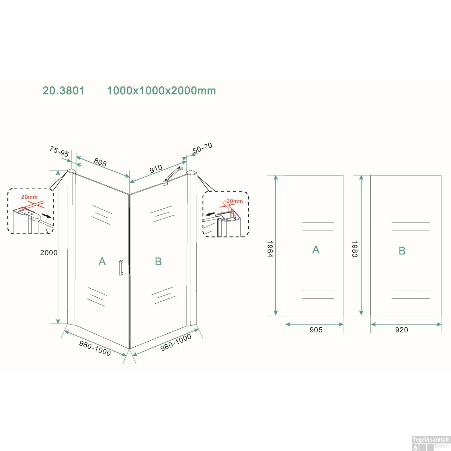 Douchecabine Boss & Wessing 100x100x200 Cm Klapdeur 8mm Nano Coating Mat Zwart 4 Douchecabine Boss & Wessing 100x100x200 Cm Klapdeur 8mm Nano Coating Mat Zwart - Afbeelding 2