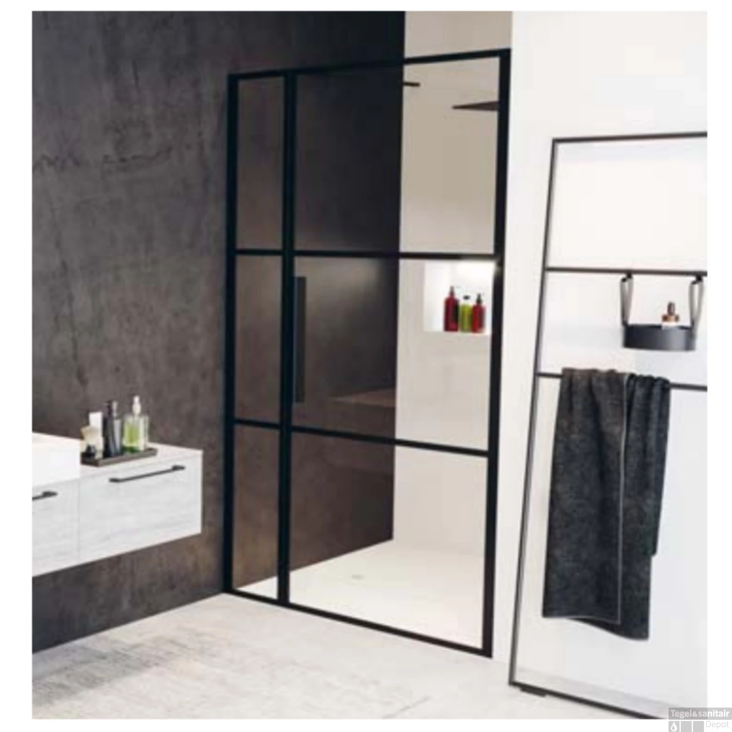 Douchedeur Met Vast Paneel Riho Grid 130x200 Cm 6 Mm Helderglas Zwarte Profielen