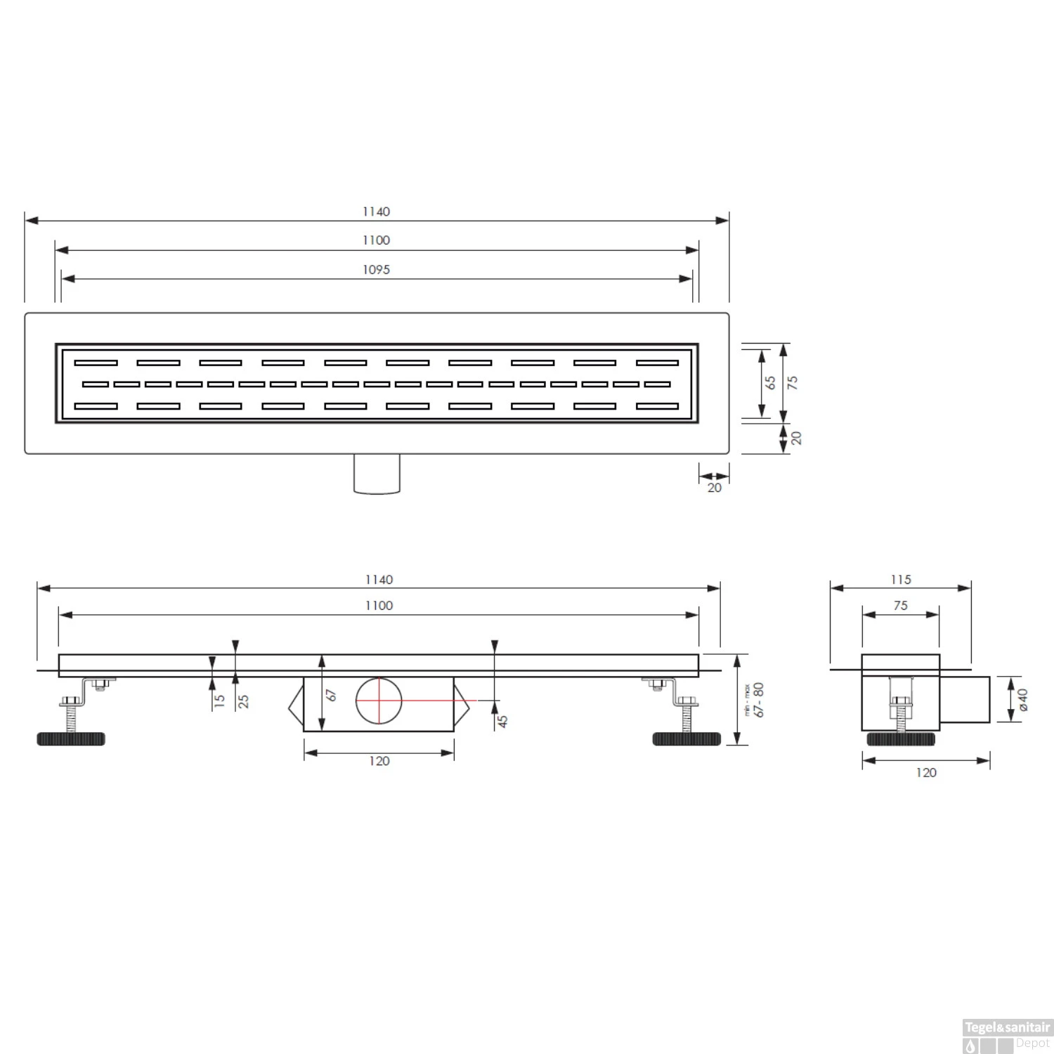 Douchegoot Brauer StanDrain 110x7 Cm RVS Vloerflens Inclusief Kunststof Sifon Verstelbare Poten - Afbeelding 4