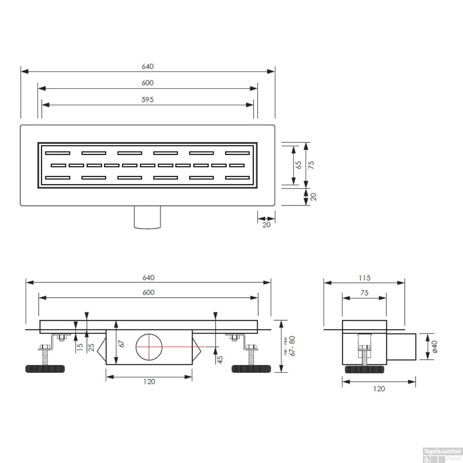 Douchegoot Brauer StanDrain 60x7 Cm Zwart Vloerflens Inclusief Kunststof Sifon Verstelbare Poten - Afbeelding 4