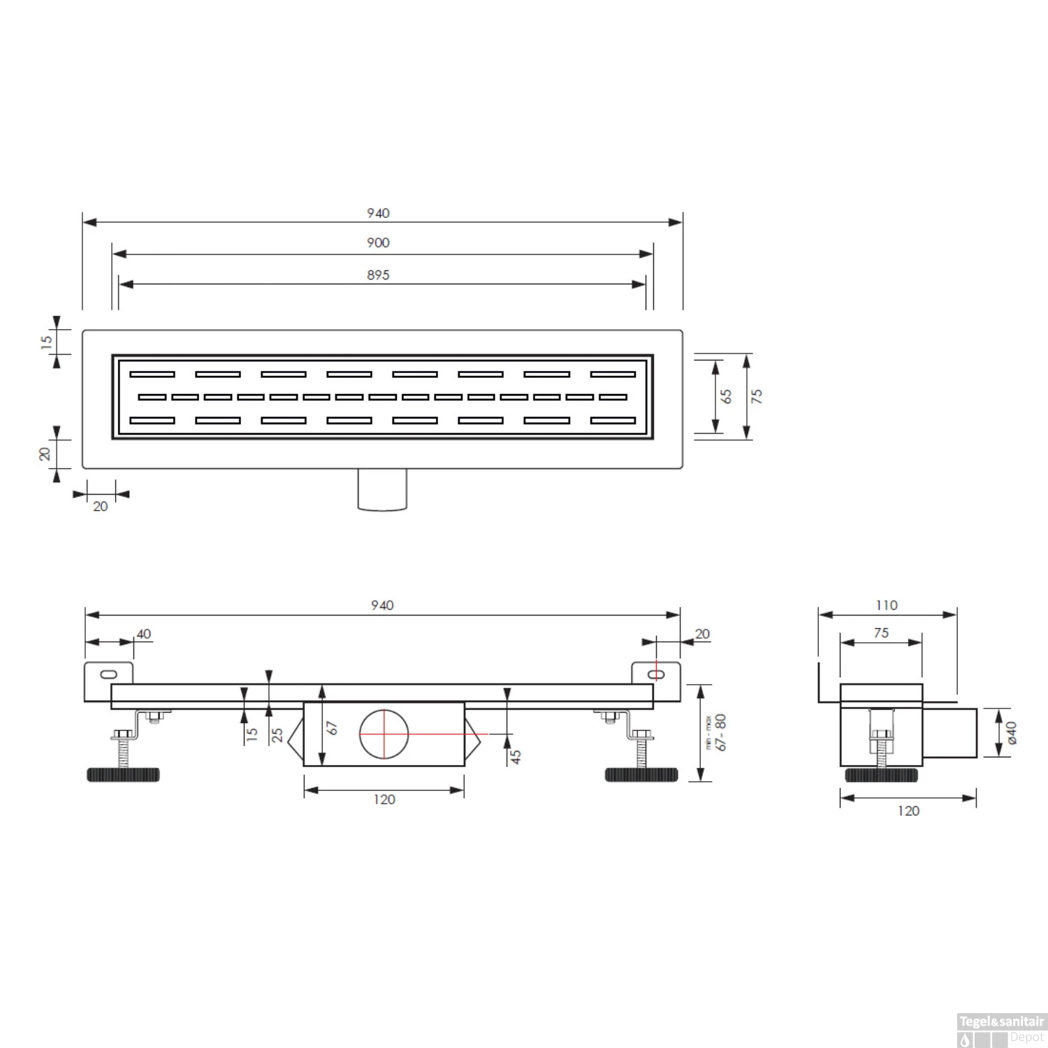 Douchegoot Brauer WallDrain Zwart Geborsteld Muur Montage 90x7 Cm Inclusief Standaard Rooster - Afbeelding 4