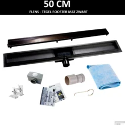 RVS Douchegoot Flens Met Uitneembaar Sifon 50x7cm 6,7cm Diep TEGELROOSTER MAT ZWART