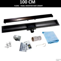 RVS Douchegoot Flens Met Uitneembaar Sifon 100x7cm 6,7cm Diep TEGELROOSTER MAT ZWART