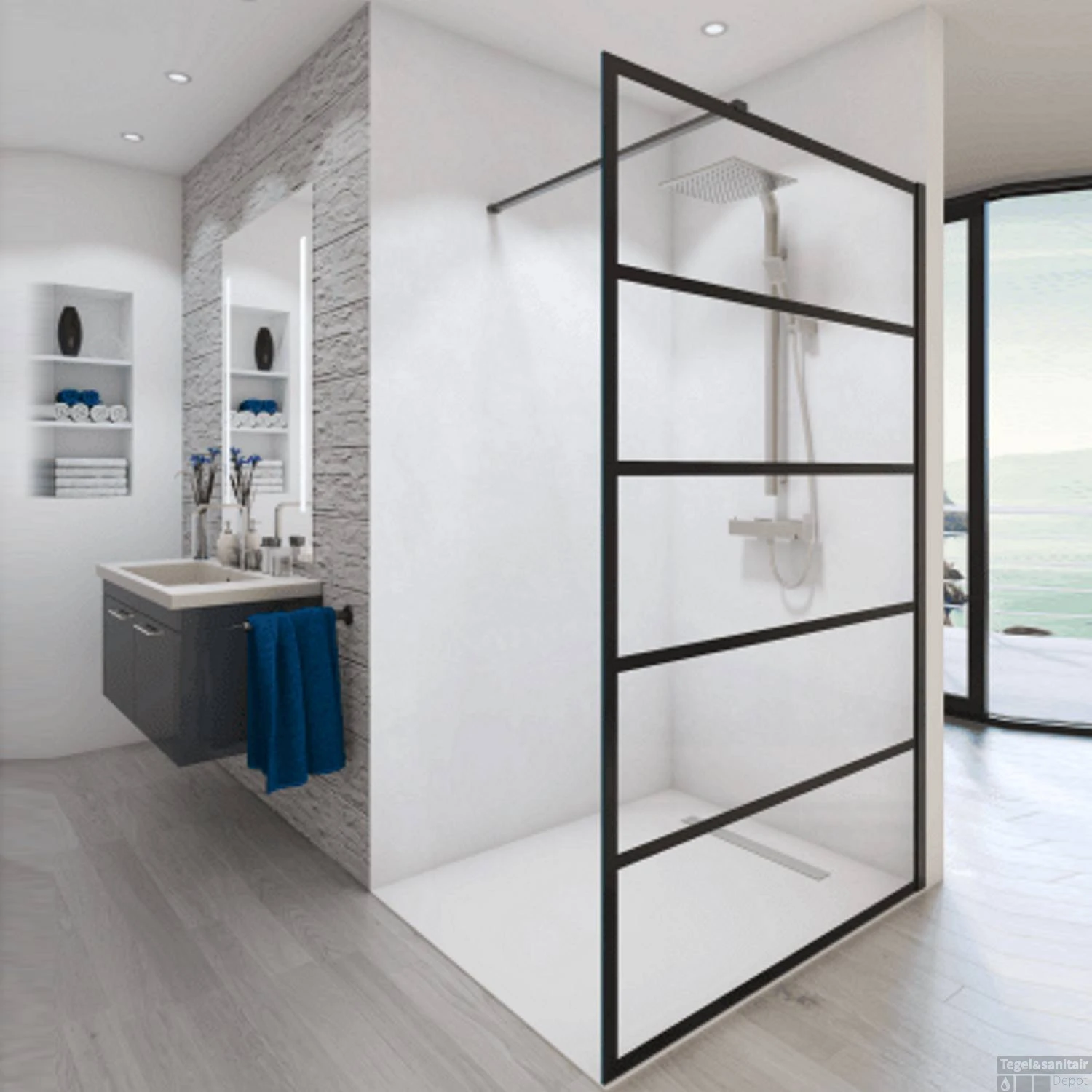 Inloopdouche BWS Free Time Met Zwarte Banen 120x200cm 8mm Mat Zwart