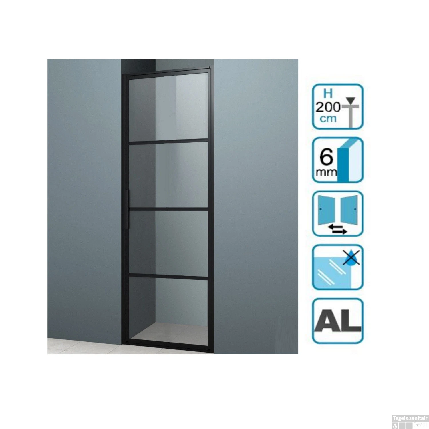 Nisdeur Lacus Tremiti 6mm Helder Glas Mat Zwart Aluminium Profiel (ALLE MATEN) - Afbeelding 2