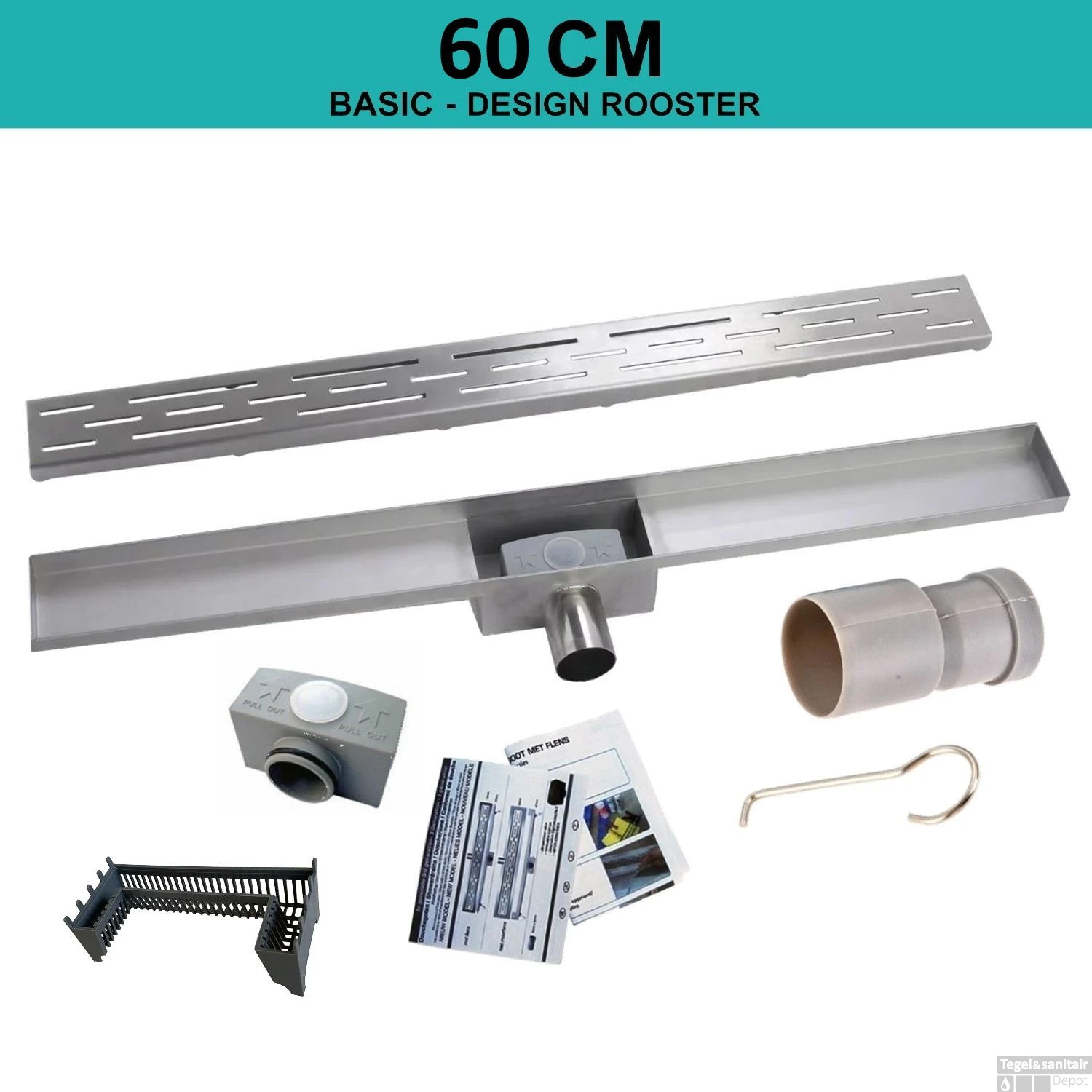 RVS Douchegoot BASIC Met Uitneembaar Sifon 60x7cm 6,7cm Diep STANDAARD ROOSTER