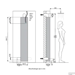 Sunshower Deluxe Mat Zwart UV En Infrarood Inbouwapparaat 32x187x16 Cm Aluminium Mat Zwart -Aanbiedingen Ontspan Bad Winkel technische tekening deluxe white 1