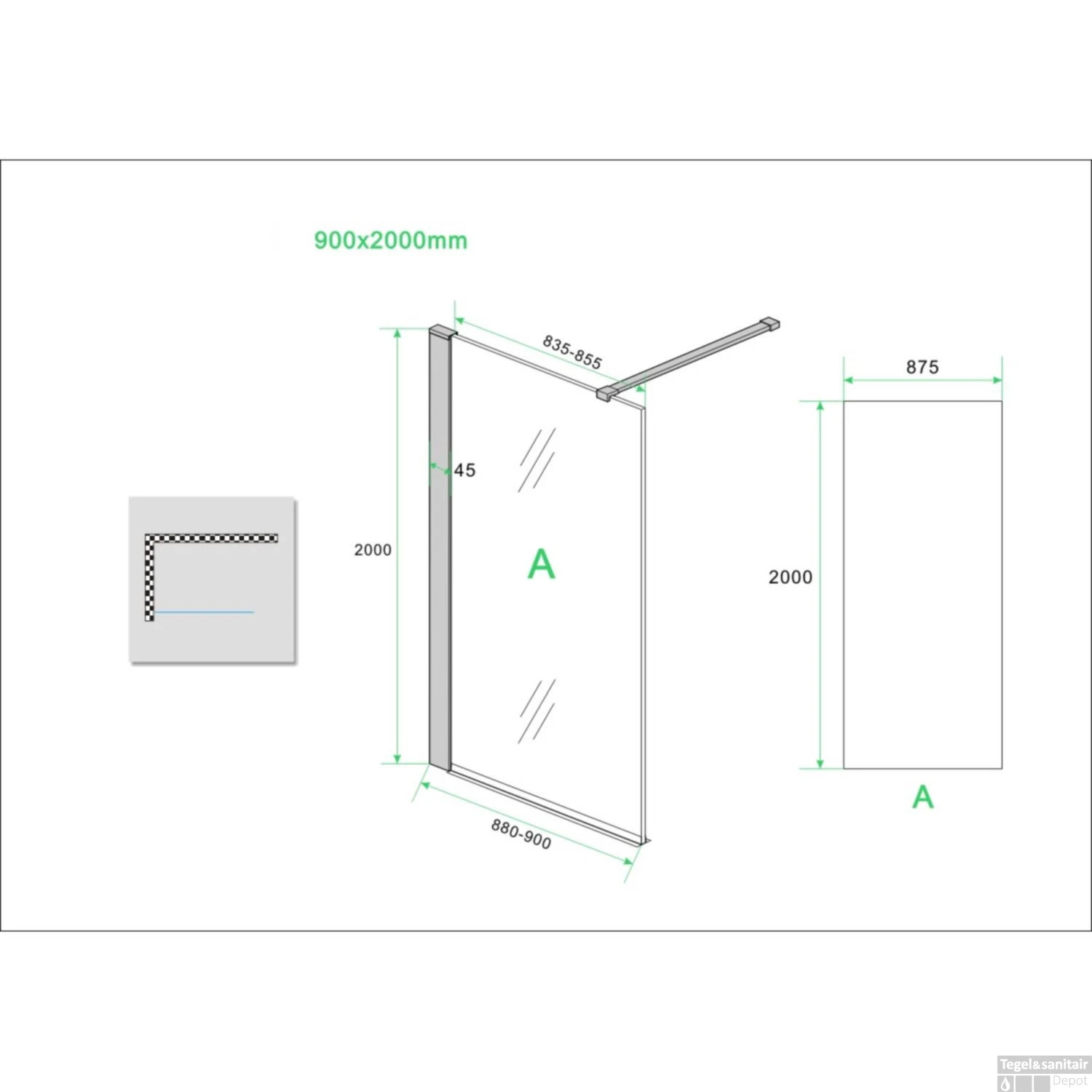 Wiesbaden Safety Glass 2.0 Inloopdouche Met Zwart Muurprofiel 900x2000 10mm NANO Glas - Afbeelding 7